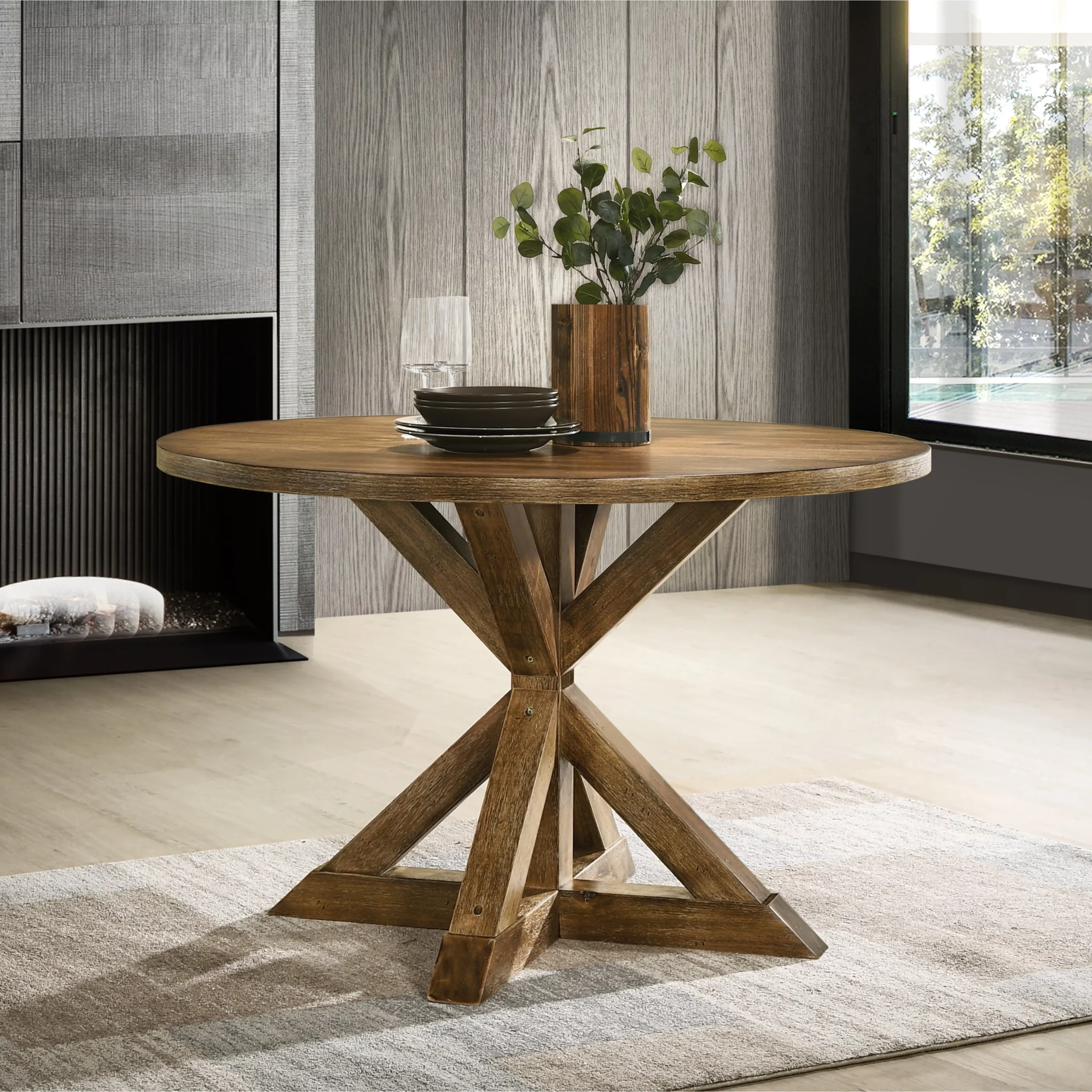 Roundhill Furniture Windvale Cross-Buck Wood 5-Piece Dining Set in Tan - Image 3